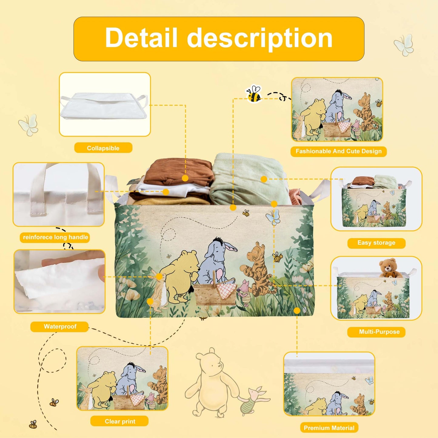 Winnie Nursery Decor, the Pooh Baby Stuff, Winnie Storage Nursery Basket, Large squarecanvas Laundry Hamper With A Waterproof PECoating, Foldable, Toys Bin, Baby Nursery HamperDecor, Star
