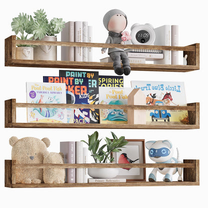 Fixwal Nursery Book Shelves, 16.5 Inch Floating Bookshelves for Wall Set of 3, Baby Nursery Decor, Solid Wood Wall Mounted Shelves for Books, Toys and Decor Storage (Brown)