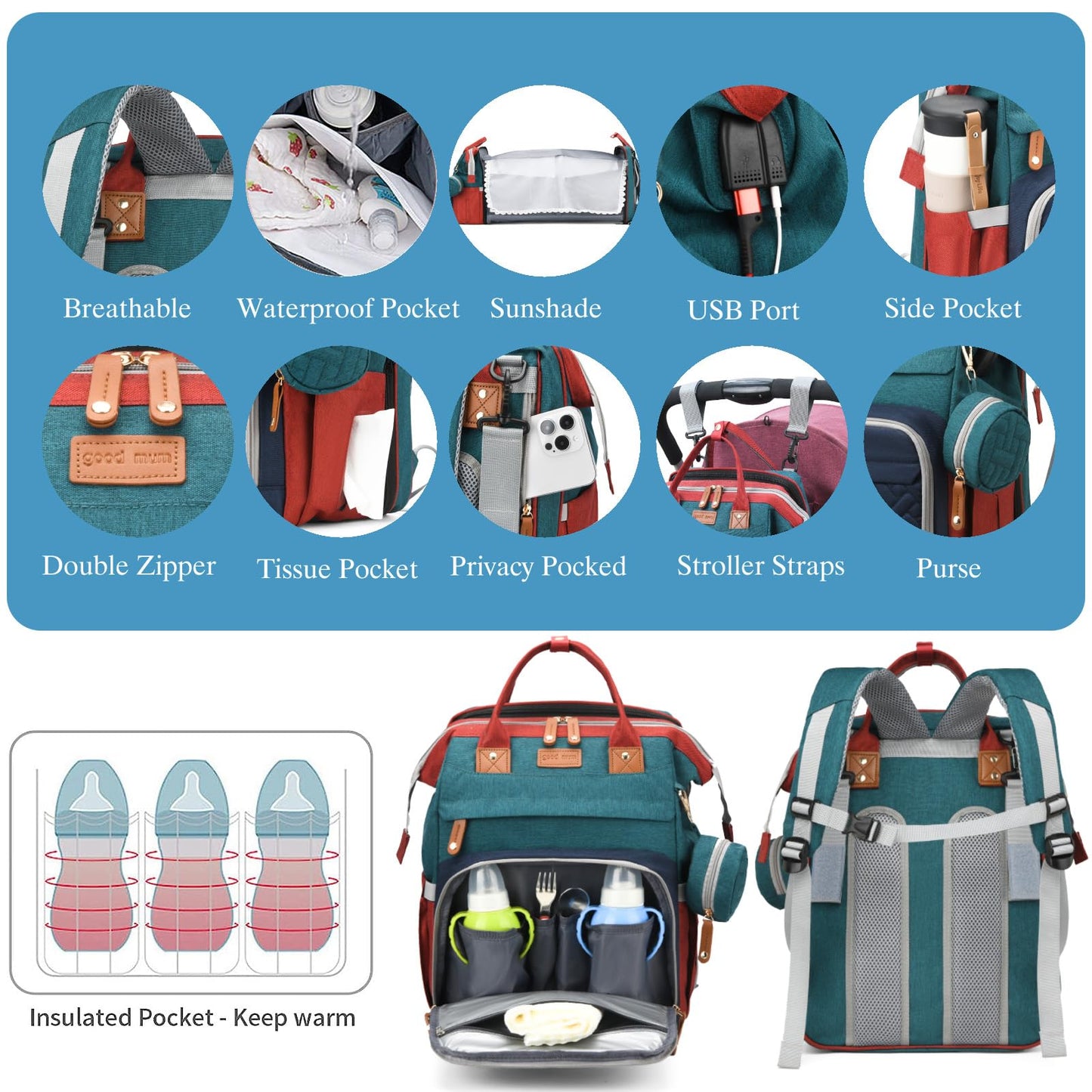 Jeryswet Baby Diaper Bags with Changing Station, Waterproof Large Capacity Diaper Bag Backpack for Moms Dads with USB Charging Port and Stroller Straps, Baby Shower Gifts, Grey