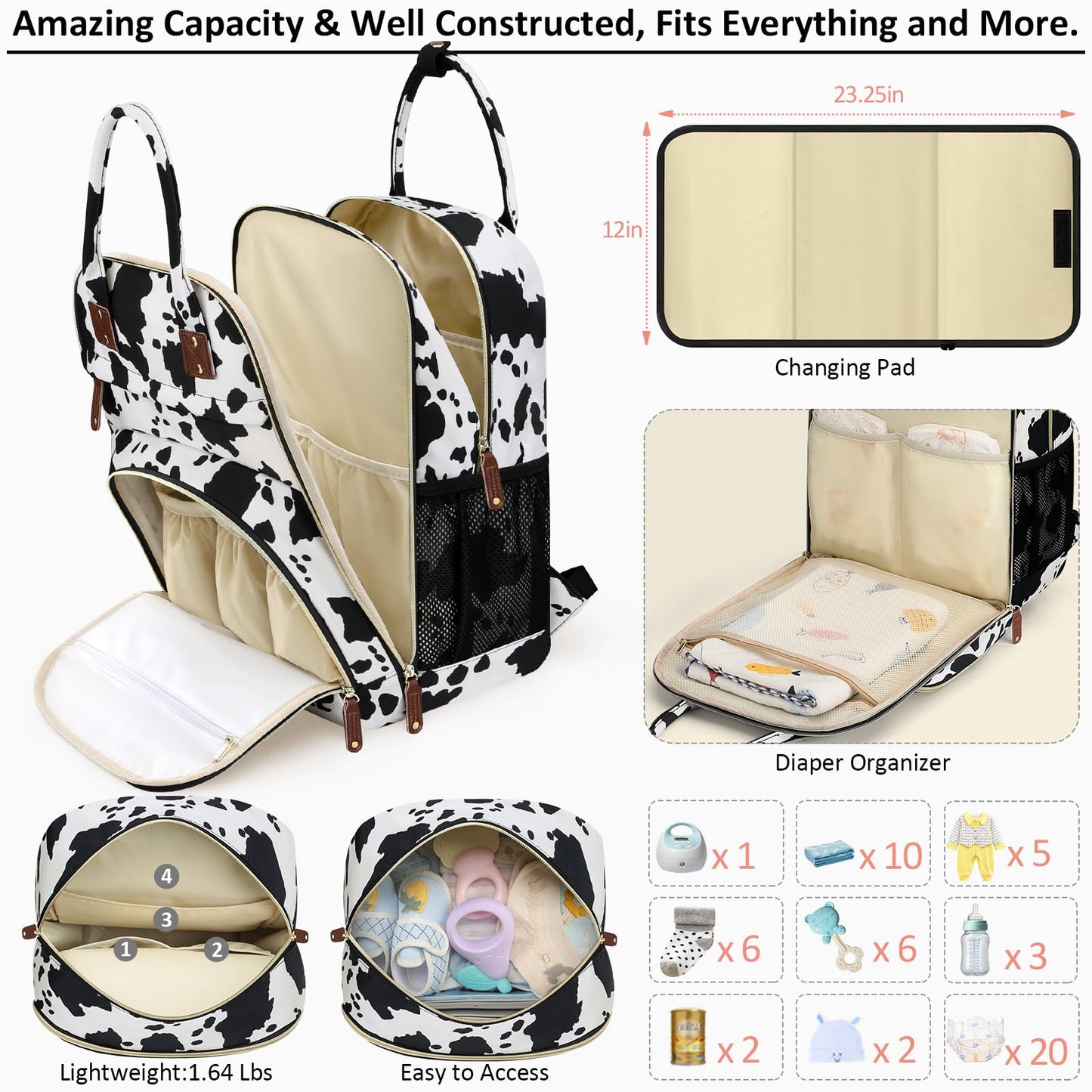 Tenot Diaper Bag Backpack for Women Large Capacity with Insulated Pockets Multifunctional Diaper Bags For Baby Girl Boy Waterproof Baby Bags For Mama Maternity Travel Bag Black