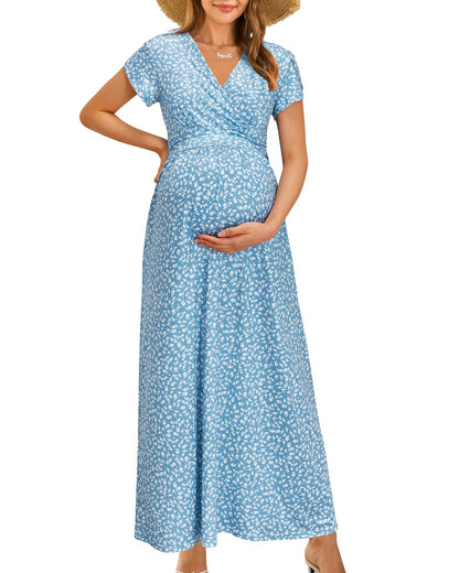 OUGES Maternity Maxi Dress Wrap Baby Shower Pregnancy Dresses for Photoshoot Maternity Outfits Summer Clothes 2026