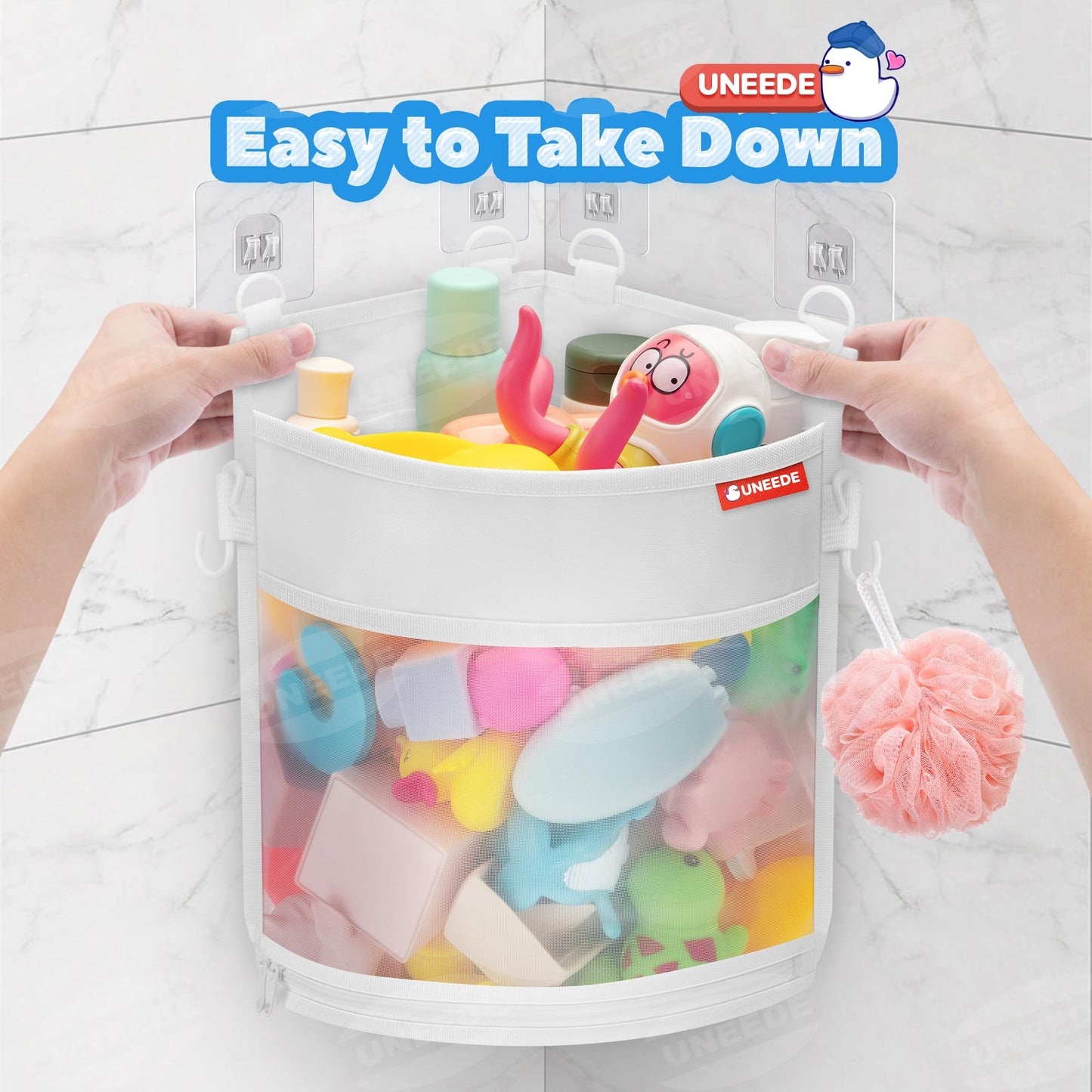 UNEEDE 4.32 Gallons Corner Mounted Bath Toy Storage Holder, Mesh Shower Caddy for Bathtub Organizer, Quick Dry Holder