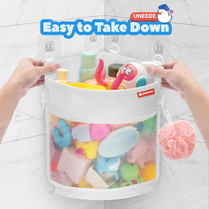 UNEEDE 4.32 Gallons Corner Mounted Bath Toy Storage Holder, Mesh Shower Caddy for Bathtub Organizer, Quick Dry Holder