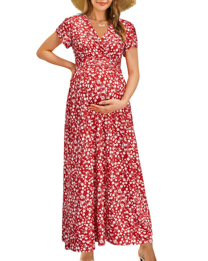 OUGES Maternity Maxi Dress Wrap Baby Shower Pregnancy Dresses for Photoshoot Maternity Outfits Summer Clothes 2026