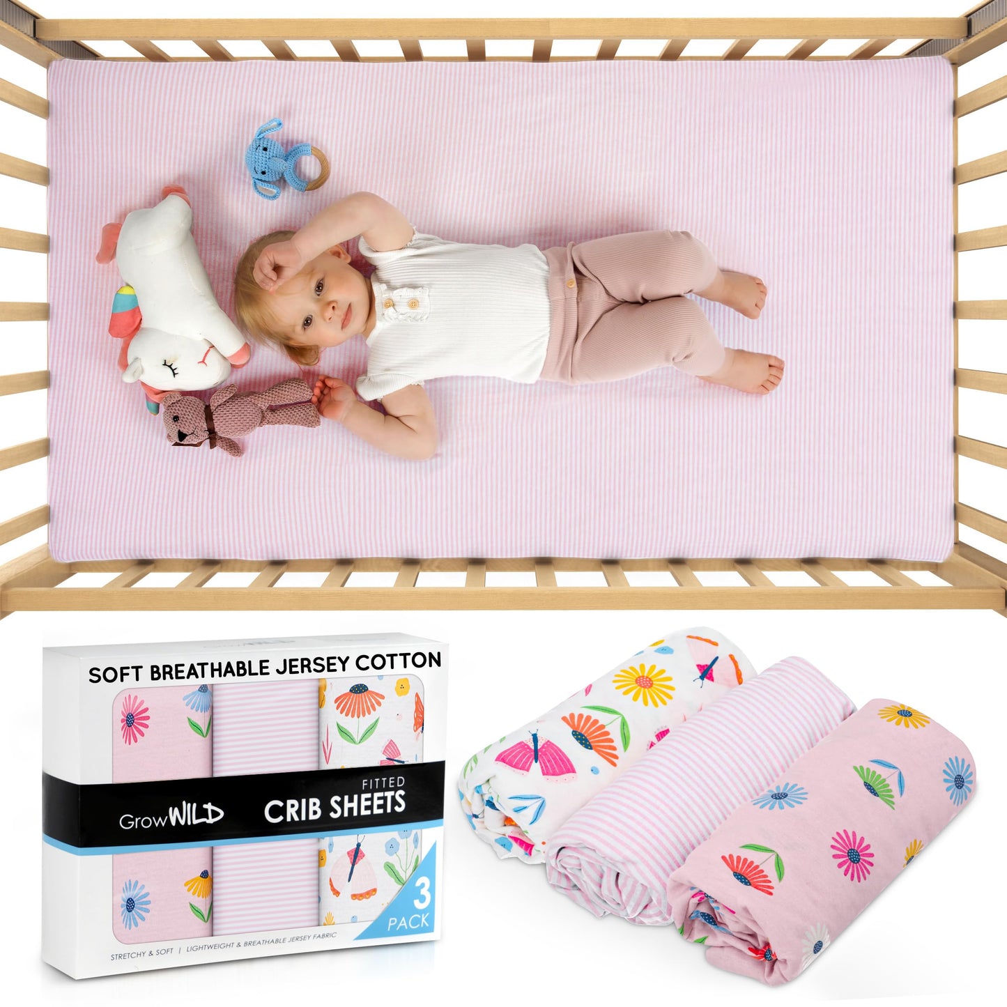 GROW WILD Unicorns & Rainbows Fitted Crib Sheets Girl (3 Pack) - Soft Jersey Cotton Fitted Sheet, Toddler Bed Mattress & Baby Crib Bedding Set for Girls, Baby Girl Nursery Crib - Pink, Purple & White