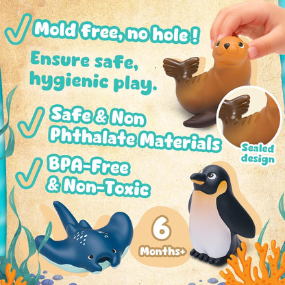 6-Pcs Ocean Bath Toys for Toddlers 1-3, No Hole Mold Free Bathtub Toys, Whale Shark Dolphin Penguin Sea Animal Set for Baby Bath Time or Pool Water Play