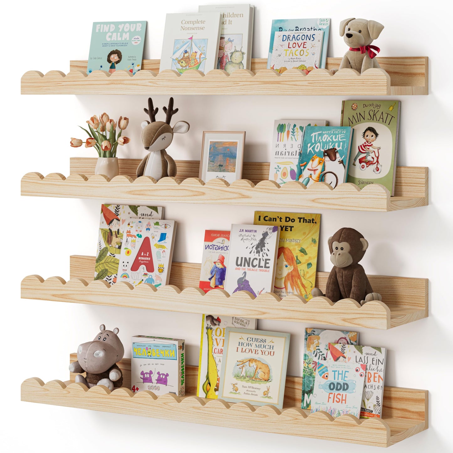 Shario Nursery Book Shelves, 4-Pack White Floating Shelves for Wall Kids, Scalloped Shelves, Wall Book Shelves for Bedroom Kids, Toddler Room, Baby Room, Nursery Decor