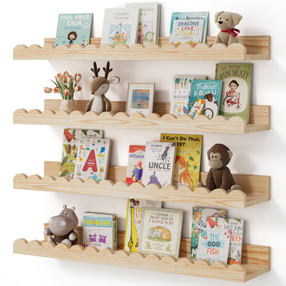Shario Nursery Book Shelves, 4-Pack White Floating Shelves for Wall Kids, Scalloped Shelves, Wall Book Shelves for Bedroom Kids, Toddler Room, Baby Room, Nursery Decor