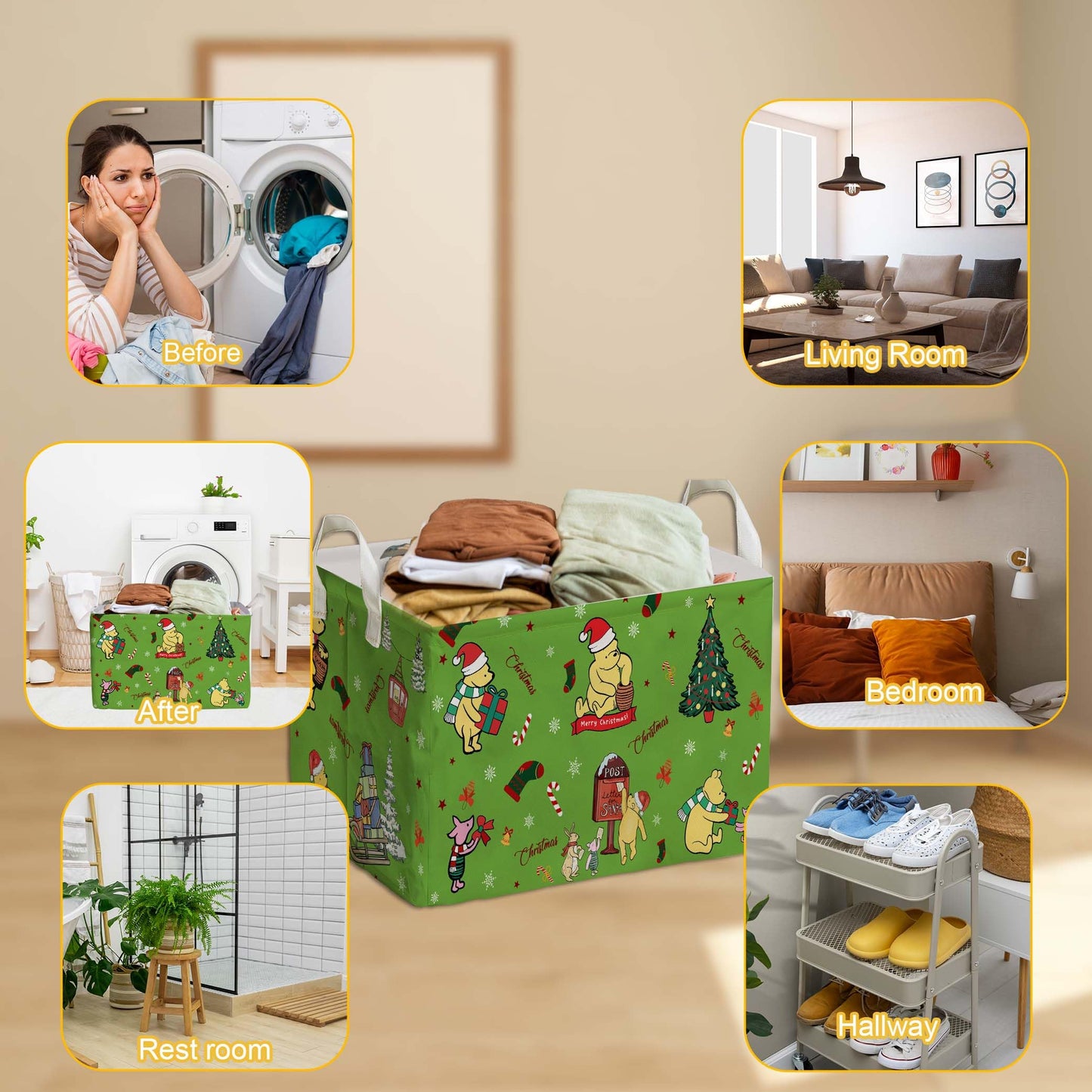 Winnie Nursery Decor, the Pooh Baby Stuff, Winnie Storage Nursery Basket, Large squarecanvas Laundry Hamper With A Waterproof PECoating, Foldable, Toys Bin, Baby Nursery HamperDecor, Star