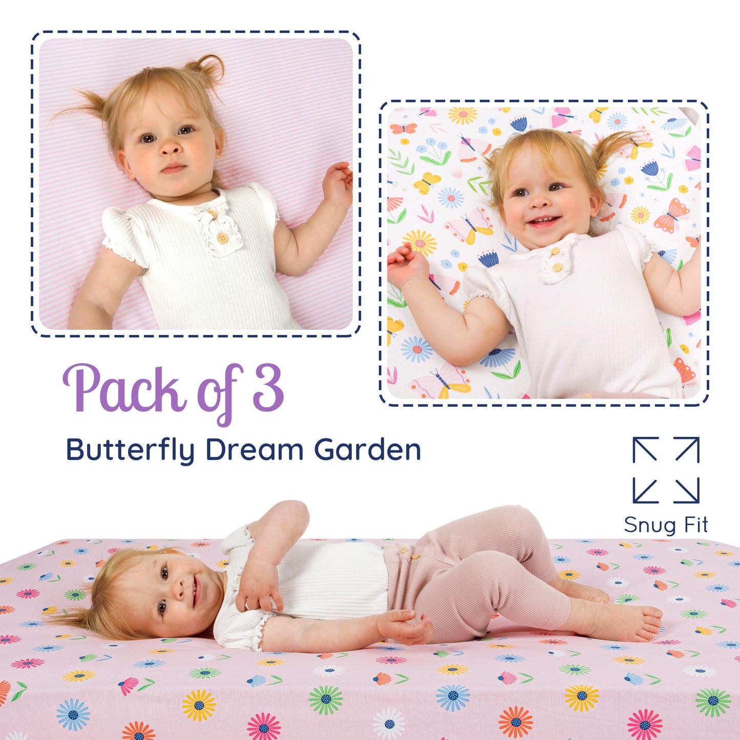 GROW WILD Unicorns & Rainbows Fitted Crib Sheets Girl (3 Pack) - Soft Jersey Cotton Fitted Sheet, Toddler Bed Mattress & Baby Crib Bedding Set for Girls, Baby Girl Nursery Crib - Pink, Purple & White