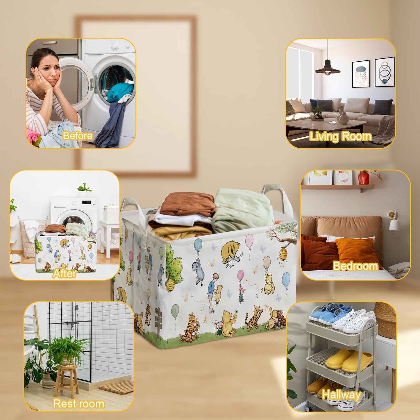 Winnie Nursery Decor, the Pooh Baby Stuff, Winnie Storage Nursery Basket, Large squarecanvas Laundry Hamper With A Waterproof PECoating, Foldable, Toys Bin, Baby Nursery HamperDecor, Star