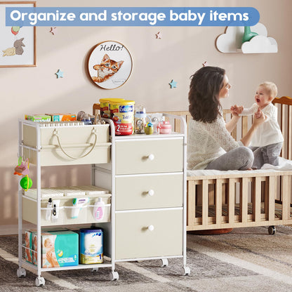 Cidaziya 2In1 Baby Diaper Caddy Organizers and Storage, 3 Tier Rolling Cart with Dividers and Drawers, Mobile Utility Cart Baby Dresser Clothes Organizer for Changing Table, Crib Nursery, Bedroom
