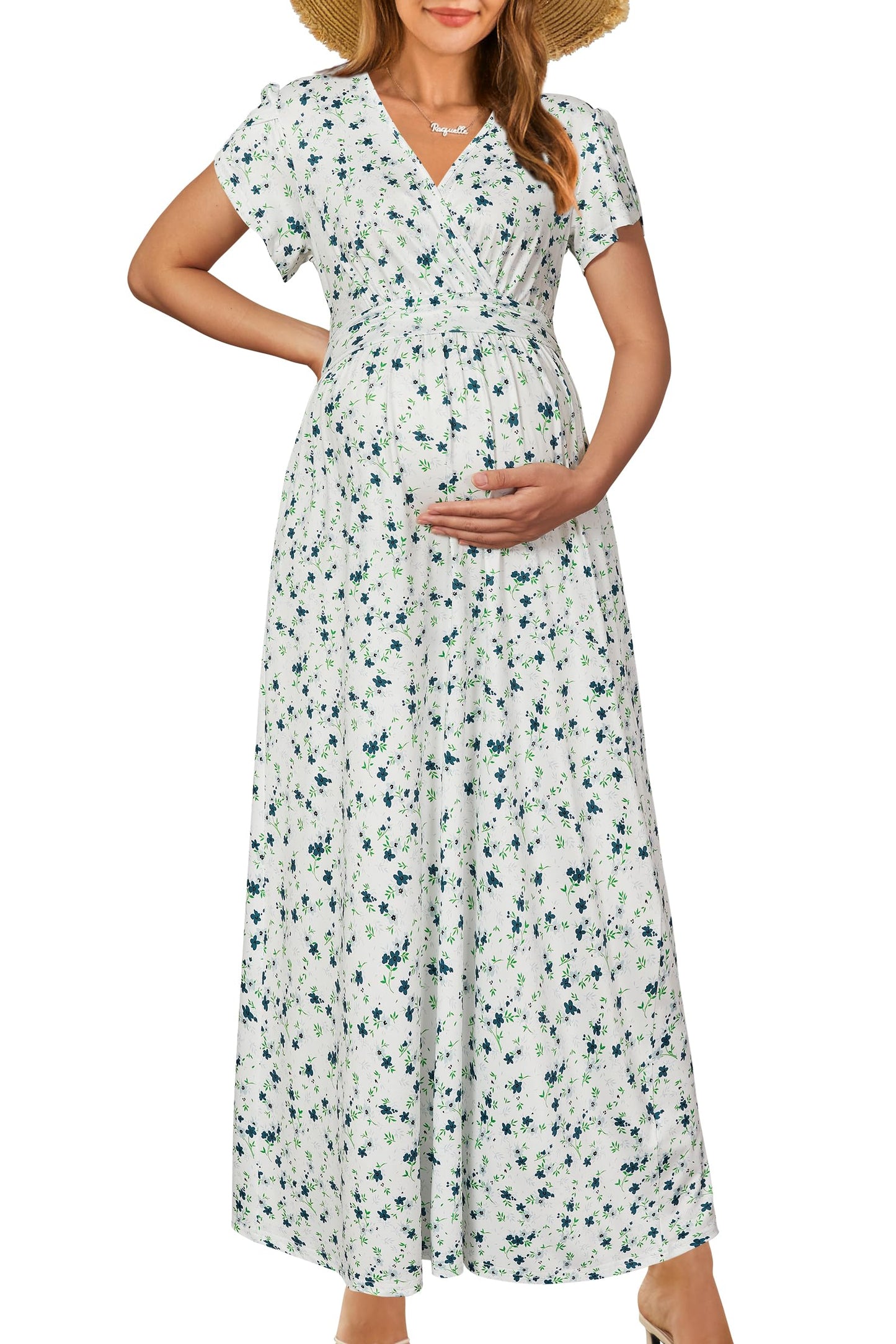 OUGES Maternity Maxi Dress Wrap Baby Shower Pregnancy Dresses for Photoshoot Maternity Outfits Summer Clothes 2026