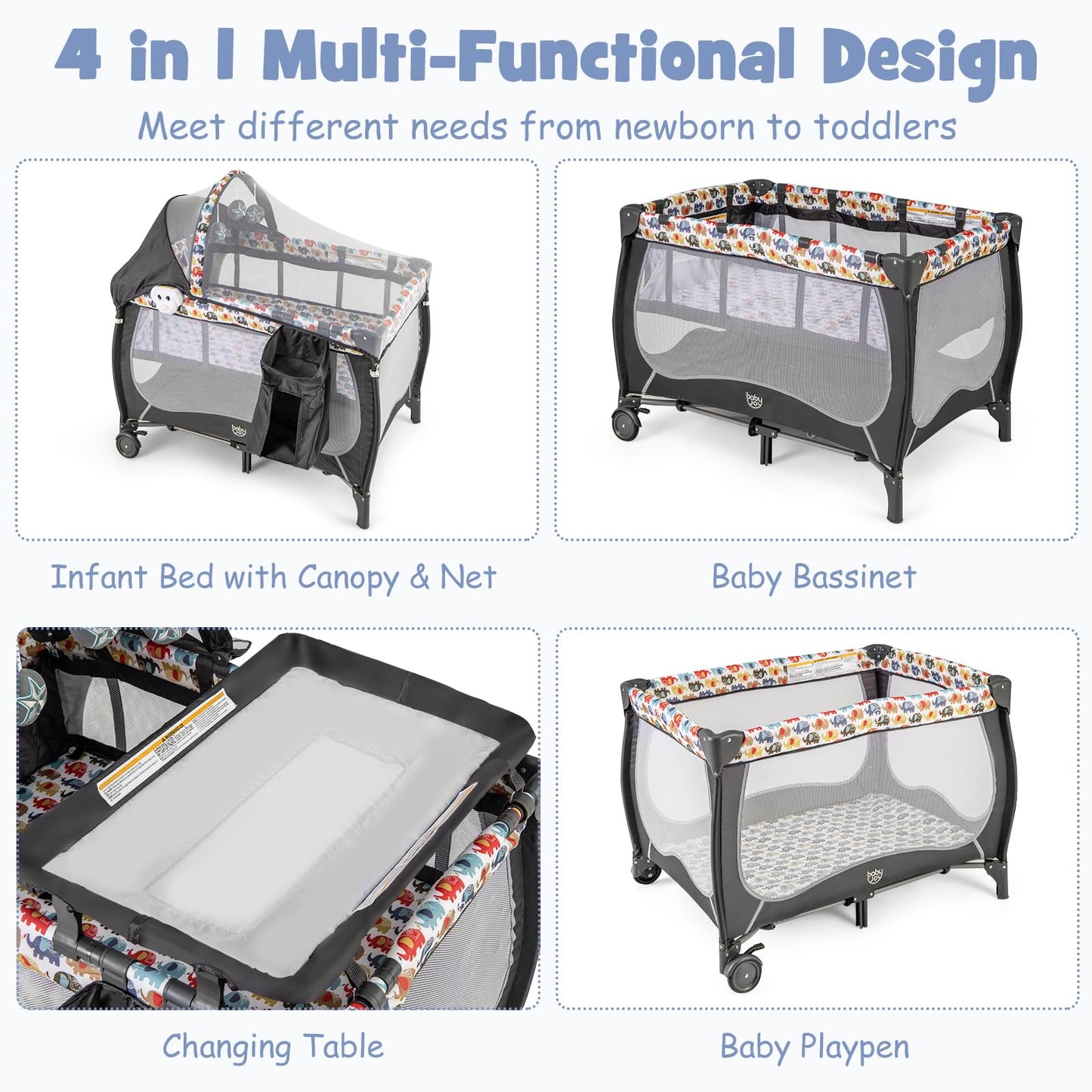 BABY JOY 4 in 1 Pack and Play with Canopy, Portable Baby Playard with Bassinet, Double-Layer Baby Crib, Wheels & Brake, Foldable Baby Girl Pink Princess Bassinet from Newborn to Toddler