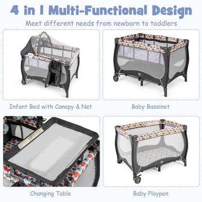 BABY JOY 4 in 1 Pack and Play with Canopy, Portable Baby Playard with Bassinet, Double-Layer Baby Crib, Wheels & Brake, Foldable Baby Girl Pink Princess Bassinet from Newborn to Toddler