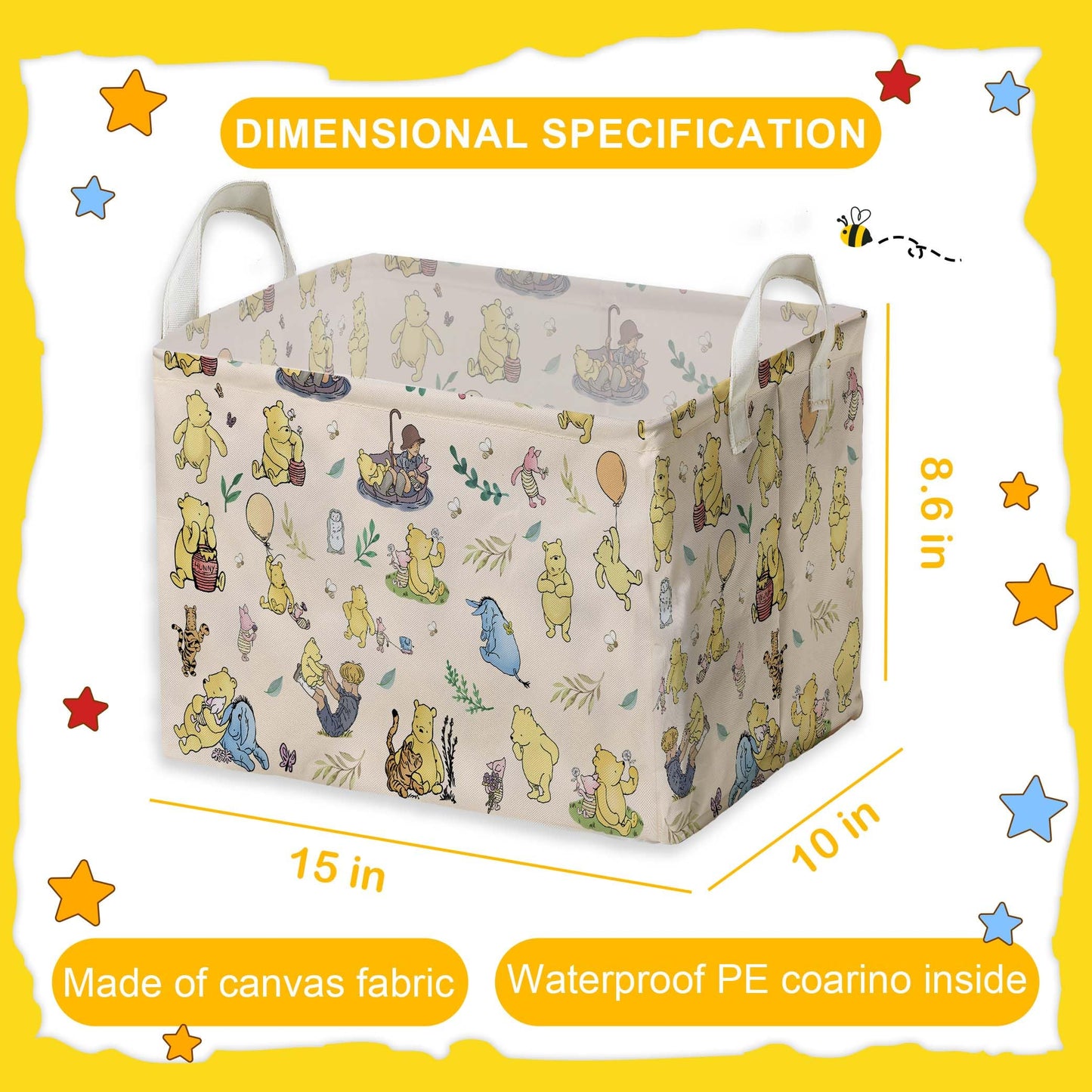 Winnie Nursery Decor, the Pooh Baby Stuff, Winnie Storage Nursery Basket, Large squarecanvas Laundry Hamper With A Waterproof PECoating, Foldable, Toys Bin, Baby Nursery HamperDecor, Star