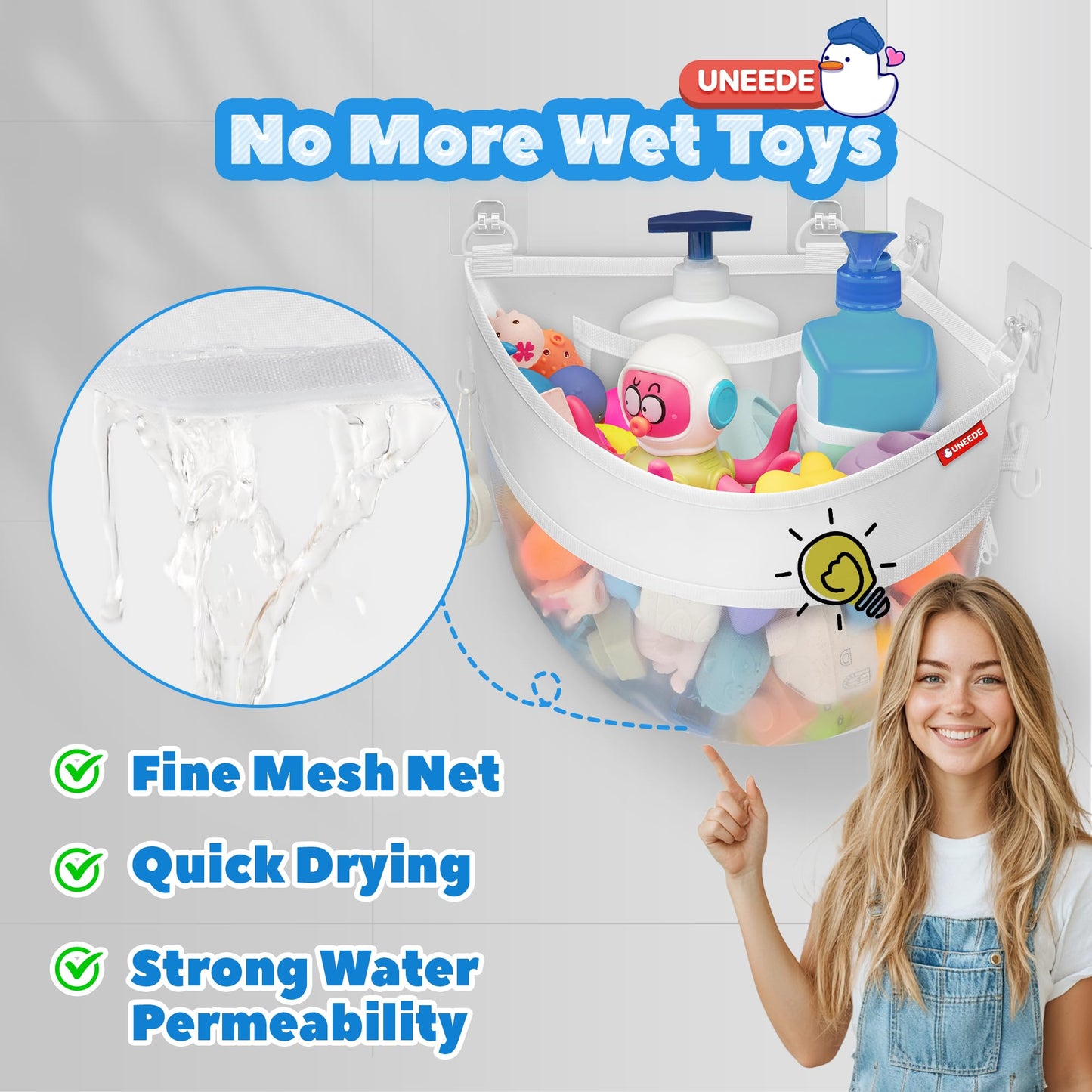 UNEEDE 4.32 Gallons Corner Mounted Bath Toy Storage Holder, Mesh Shower Caddy for Bathtub Organizer, Quick Dry Holder