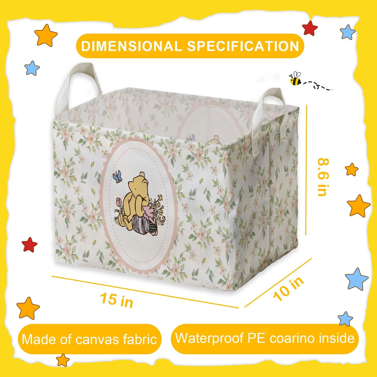 Winnie Nursery Decor, the Pooh Baby Stuff, Winnie Storage Nursery Basket, Large squarecanvas Laundry Hamper With A Waterproof PECoating, Foldable, Toys Bin, Baby Nursery HamperDecor, Star