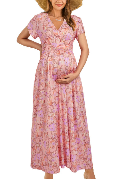 OUGES Maternity Maxi Dress Wrap Baby Shower Pregnancy Dresses for Photoshoot Maternity Outfits Summer Clothes 2026