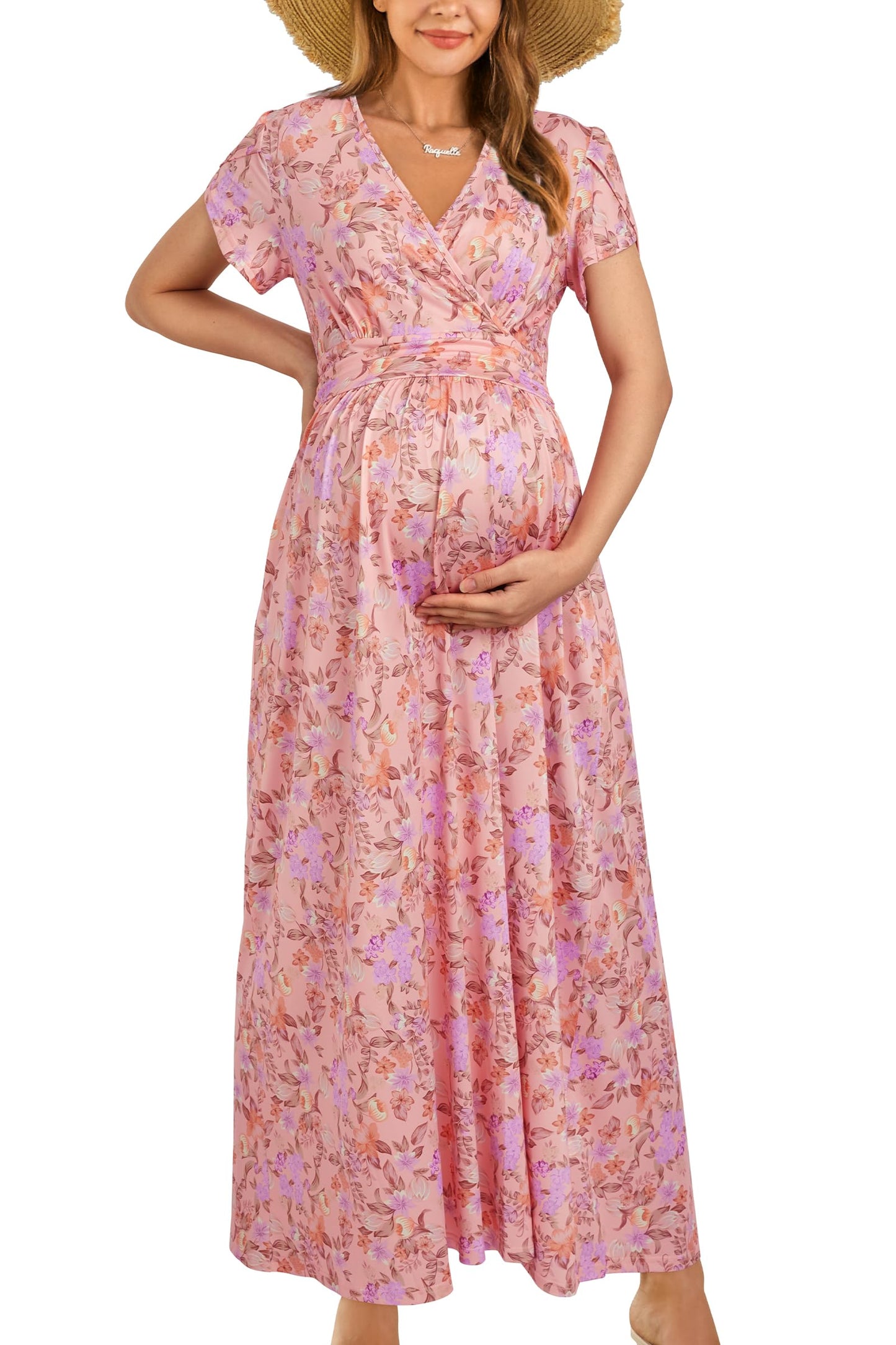 OUGES Maternity Maxi Dress Wrap Baby Shower Pregnancy Dresses for Photoshoot Maternity Outfits Summer Clothes 2026