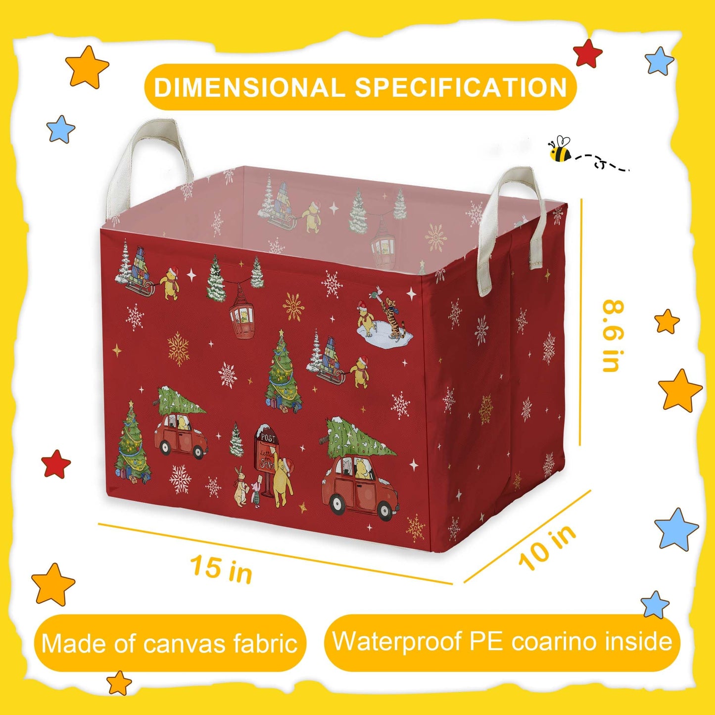 Winnie Nursery Decor, the Pooh Baby Stuff, Winnie Storage Nursery Basket, Large squarecanvas Laundry Hamper With A Waterproof PECoating, Foldable, Toys Bin, Baby Nursery HamperDecor, Star