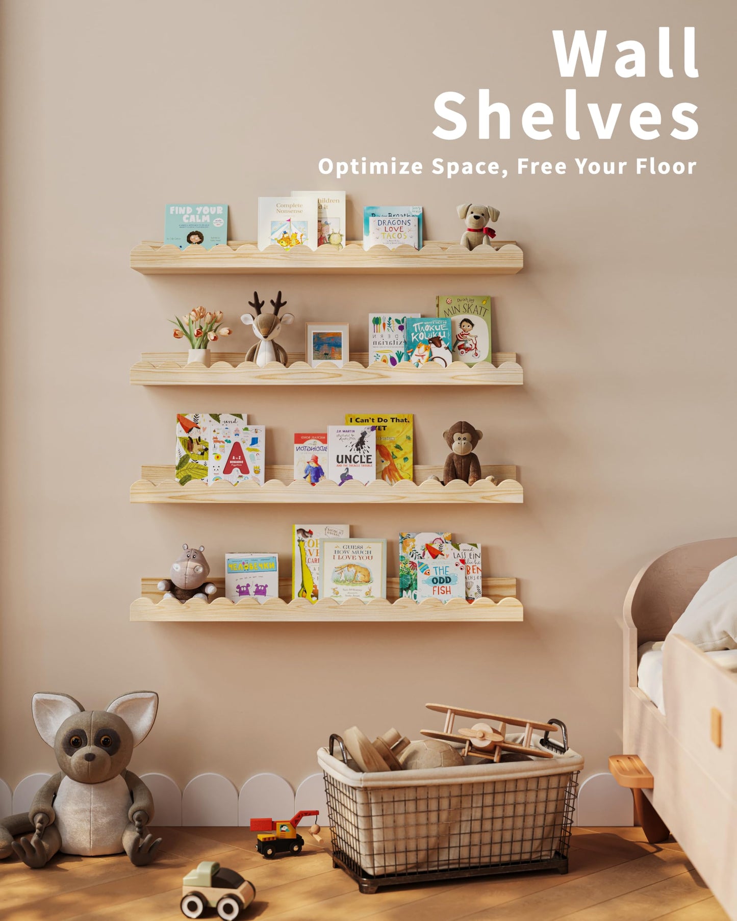 Shario Nursery Book Shelves, 4-Pack White Floating Shelves for Wall Kids, Scalloped Shelves, Wall Book Shelves for Bedroom Kids, Toddler Room, Baby Room, Nursery Decor