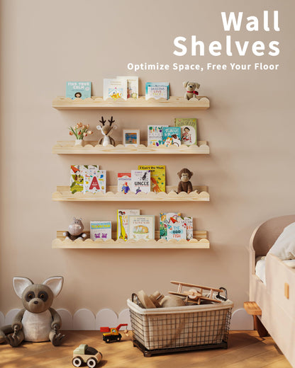 Shario Nursery Book Shelves, 4-Pack White Floating Shelves for Wall Kids, Scalloped Shelves, Wall Book Shelves for Bedroom Kids, Toddler Room, Baby Room, Nursery Decor