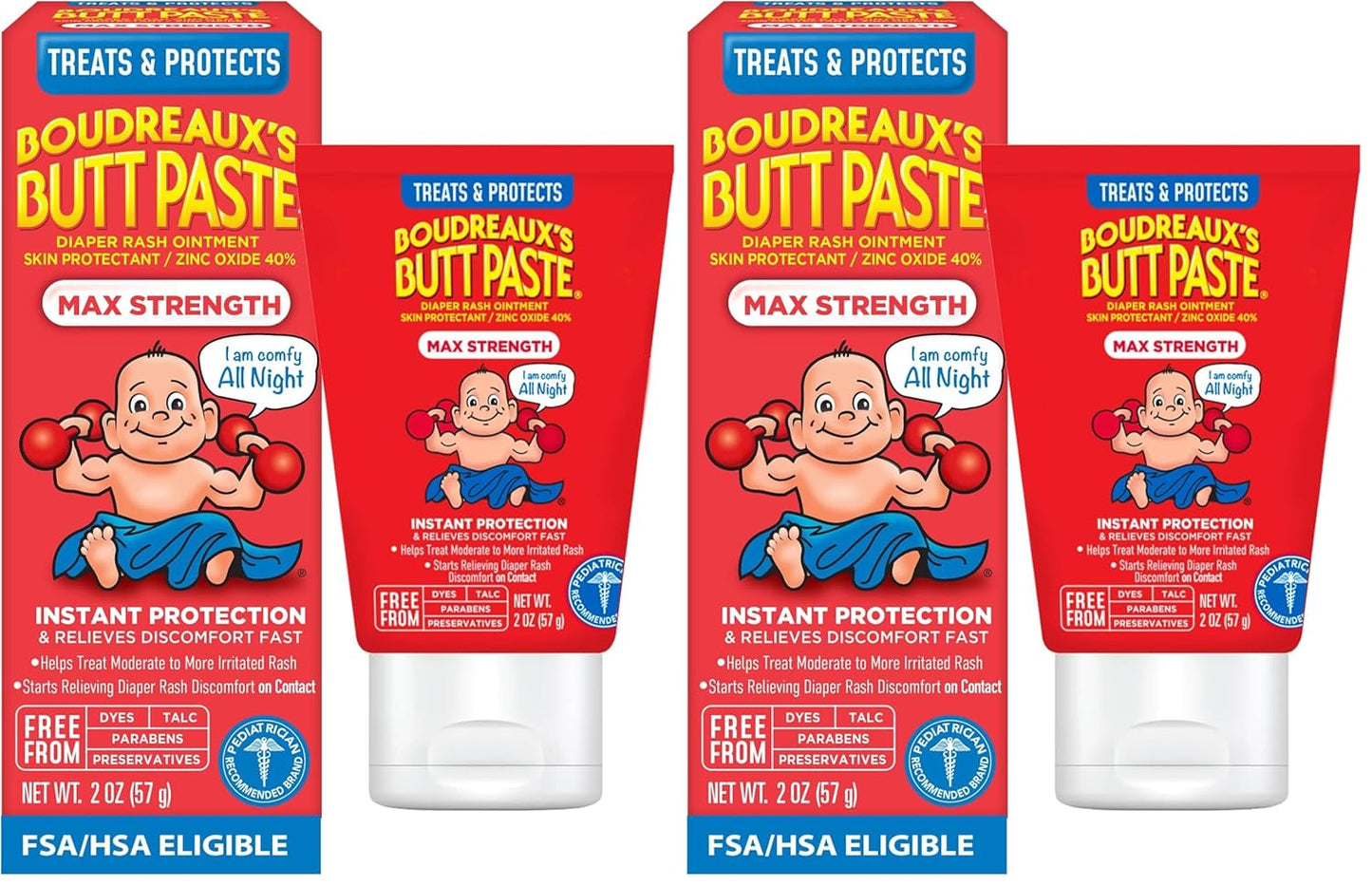 Boudreaux’s Butt Paste Max Strength Diaper Rash Cream for Baby, Ointment With Zinc Oxide, 2 oz Tube