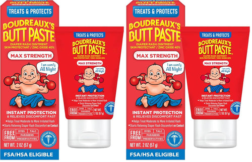 Boudreaux’s Butt Paste Max Strength Diaper Rash Cream for Baby, Ointment With Zinc Oxide, 2 oz Tube