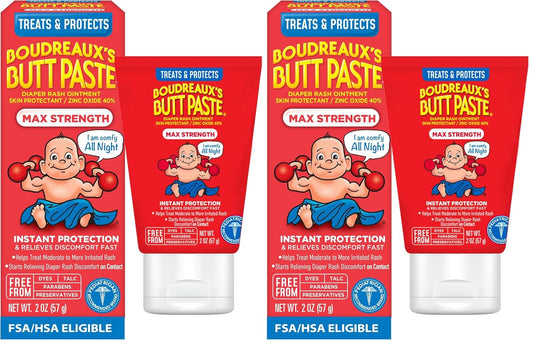 Boudreaux’s Butt Paste Max Strength Diaper Rash Cream for Baby, Ointment With Zinc Oxide, 2 oz Tube