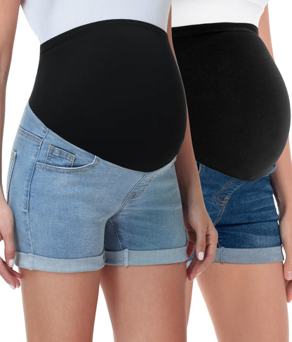 V VOCNI Maternity Denim Shorts Women's Summer High Waist Distressed Cuffed Hem Casual Denim Jean Shorts