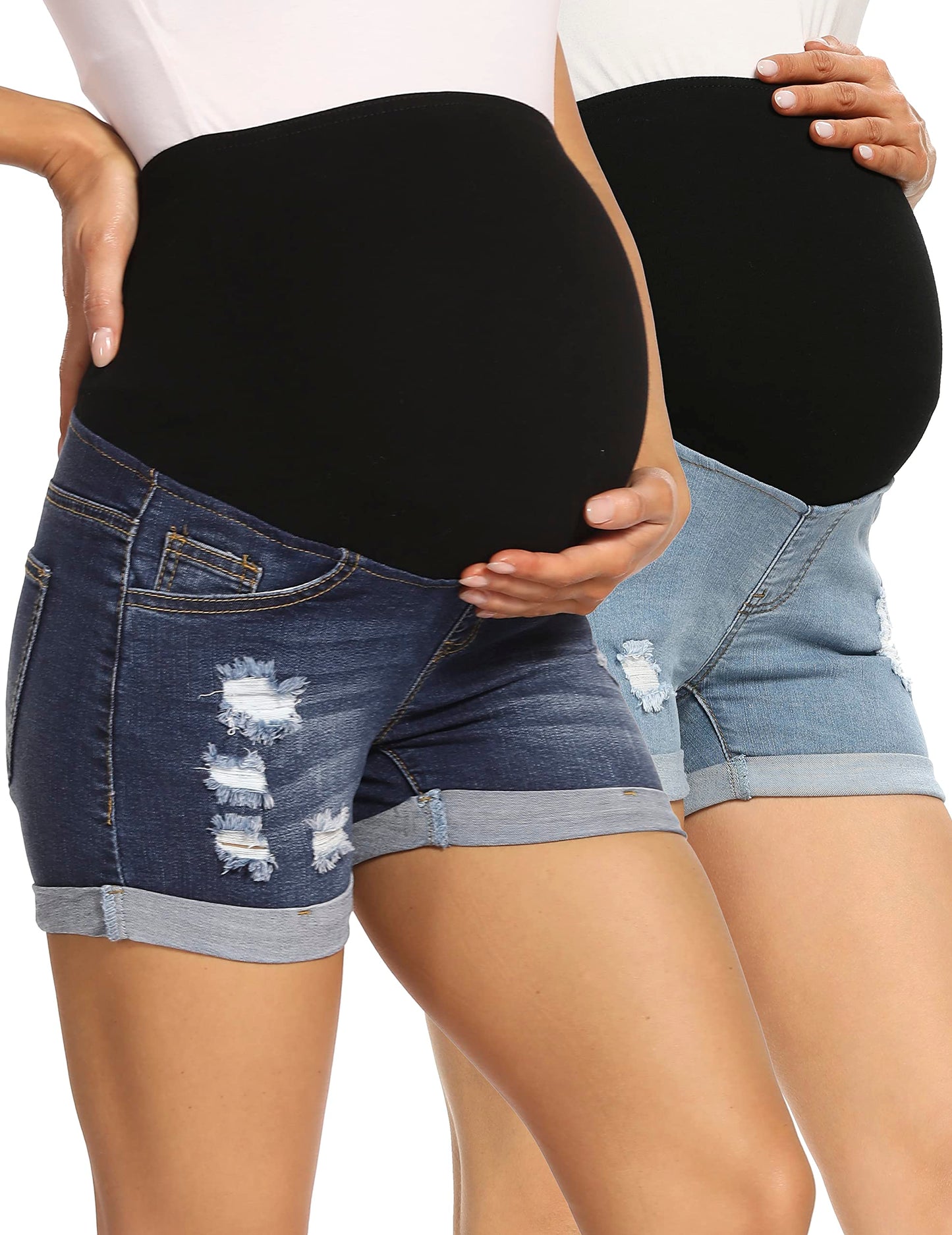 V VOCNI Maternity Denim Shorts Women's Summer High Waist Distressed Cuffed Hem Casual Denim Jean Shorts