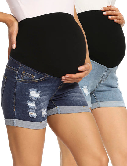 V VOCNI Maternity Denim Shorts Women's Summer High Waist Distressed Cuffed Hem Casual Denim Jean Shorts