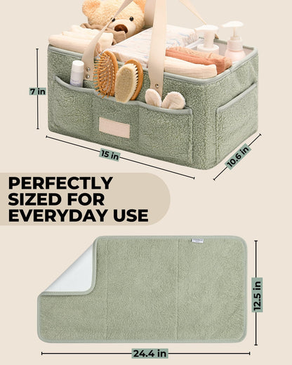 Baby Diaper Caddy Organizer with Portable Changing Mat - Teddy Fleece Diaper Organizer for Changing Table - Basket for Changing Essentials - Baby Essentials Organizer with Removable Dividers