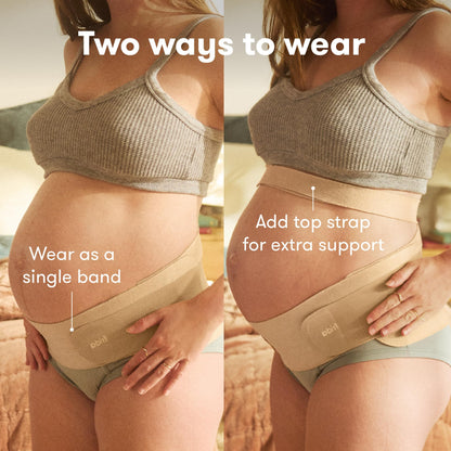 Frida Mom Dual Support Pregnancy Belly Band S/M, Maternity Belly Band with Ultimate Support Back, Hip & Pelvic, Adjustable, Lightweight, Breathable & Comfy, Supports Bump as Baby Grows, Clay
