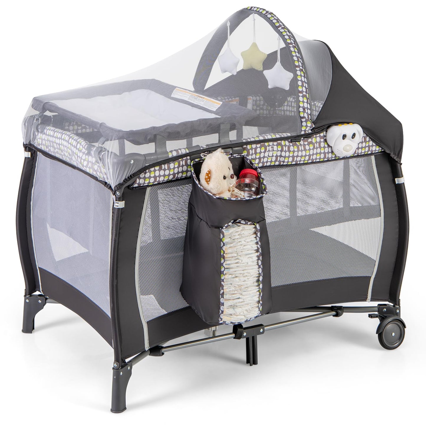 BABY JOY 4 in 1 Pack and Play with Canopy, Portable Baby Playard with Bassinet, Double-Layer Baby Crib, Wheels & Brake, Foldable Baby Girl Pink Princess Bassinet from Newborn to Toddler