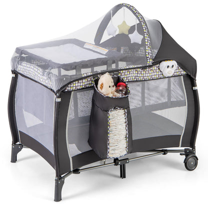 BABY JOY 4 in 1 Pack and Play with Canopy, Portable Baby Playard with Bassinet, Double-Layer Baby Crib, Wheels & Brake, Foldable Baby Girl Pink Princess Bassinet from Newborn to Toddler