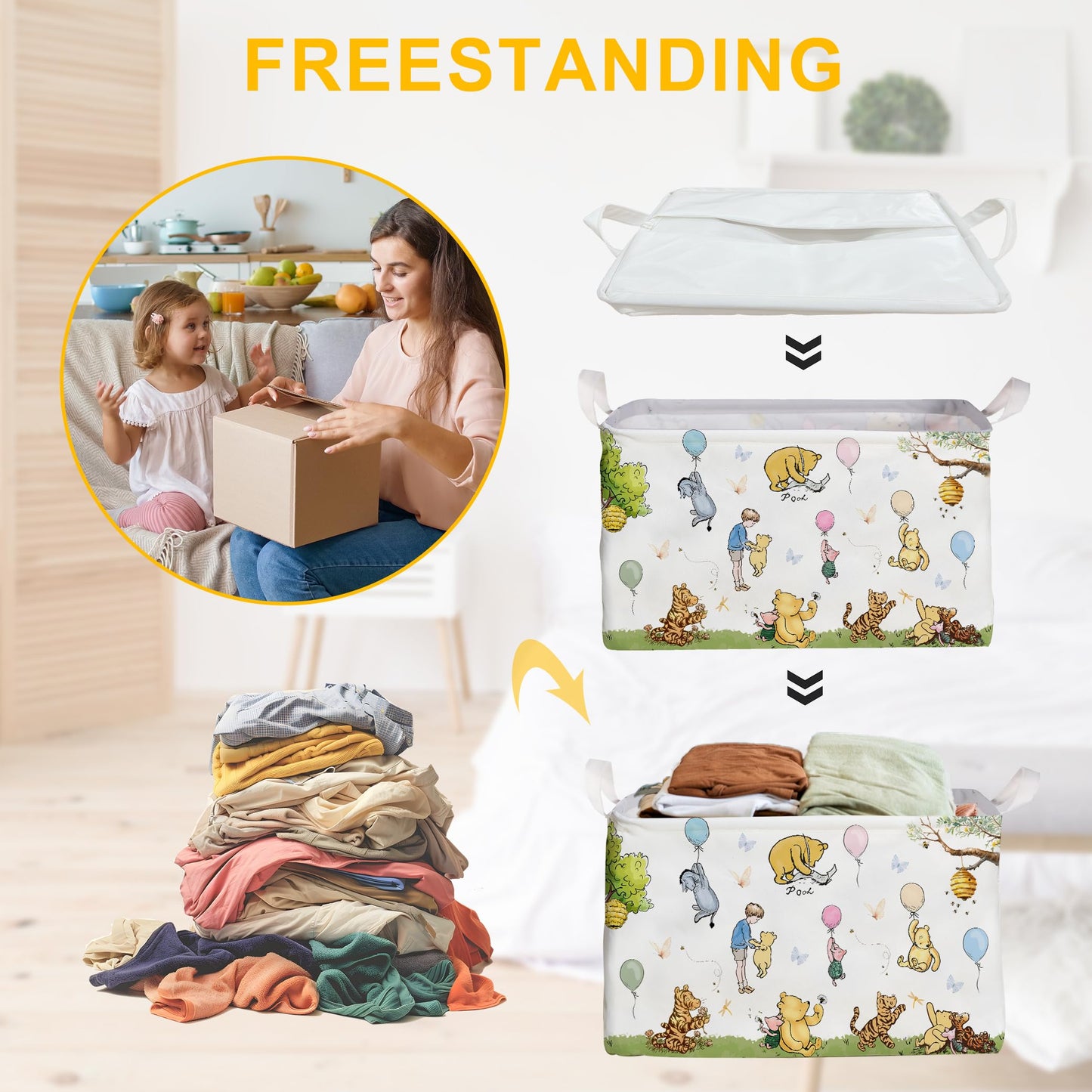 Winnie Nursery Decor, the Pooh Baby Stuff, Winnie Storage Nursery Basket, Large squarecanvas Laundry Hamper With A Waterproof PECoating, Foldable, Toys Bin, Baby Nursery HamperDecor, Star