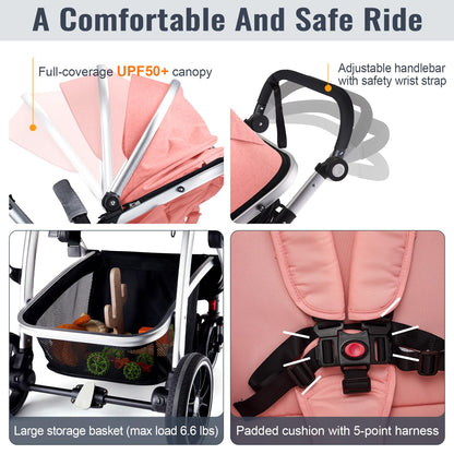 Hagaday Baby Stroller, 2-in-1 Reversible Toddler Seat with Bassinet Mode, Foldable Infant Stroller with Canopy, One Button Brake, Adjustable Handle, Newborn Pushchair(Blue)