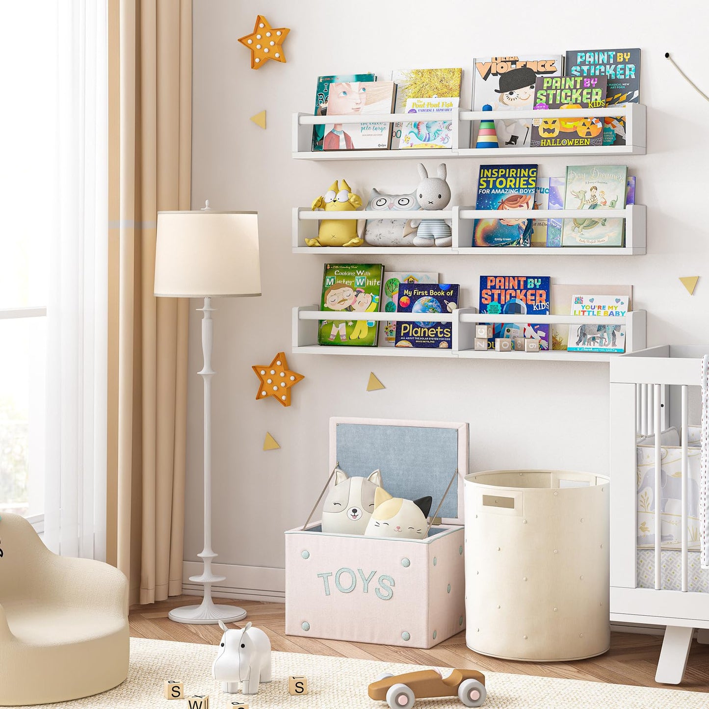 Fixwal Nursery Book Shelves, 16.5 Inch Floating Bookshelves for Wall Set of 3, Baby Nursery Decor, Solid Wood Wall Mounted Shelves for Books, Toys and Decor Storage (Brown)