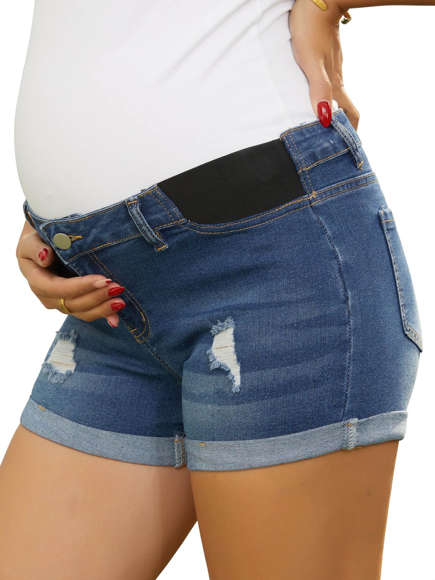 Women's Maternity Denim Shorts Elastic Panel Roll Hem Ripped Low Rise Mini Summer Pregnancy Jeans Shorts