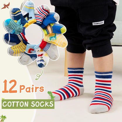 Toddler Non Slip Grips Socks Kids Anti Skid Baby Boys Girls Cotton Crew Socks 12 Pairs