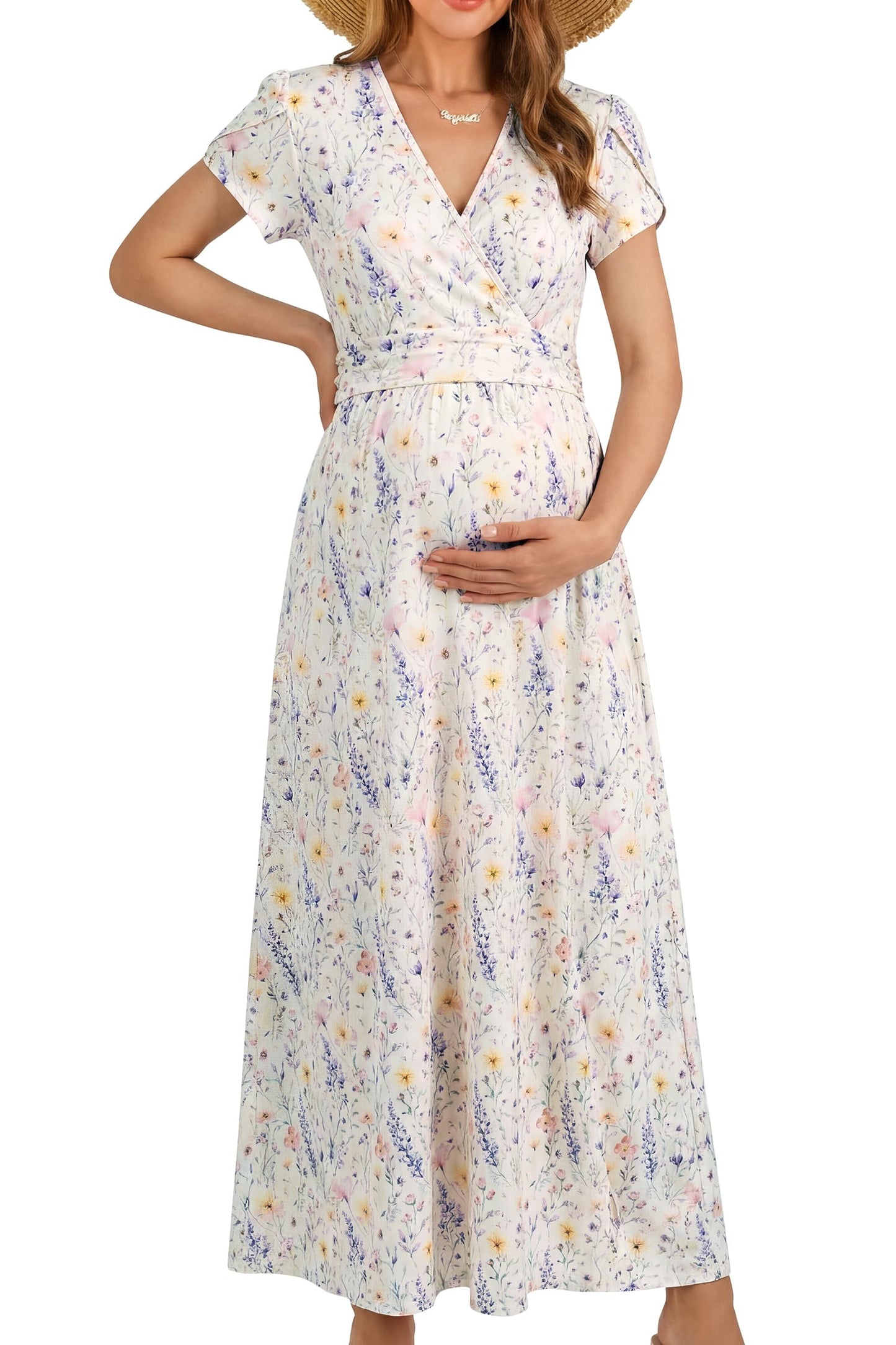 OUGES Maternity Maxi Dress Wrap Baby Shower Pregnancy Dresses for Photoshoot Maternity Outfits Summer Clothes 2026