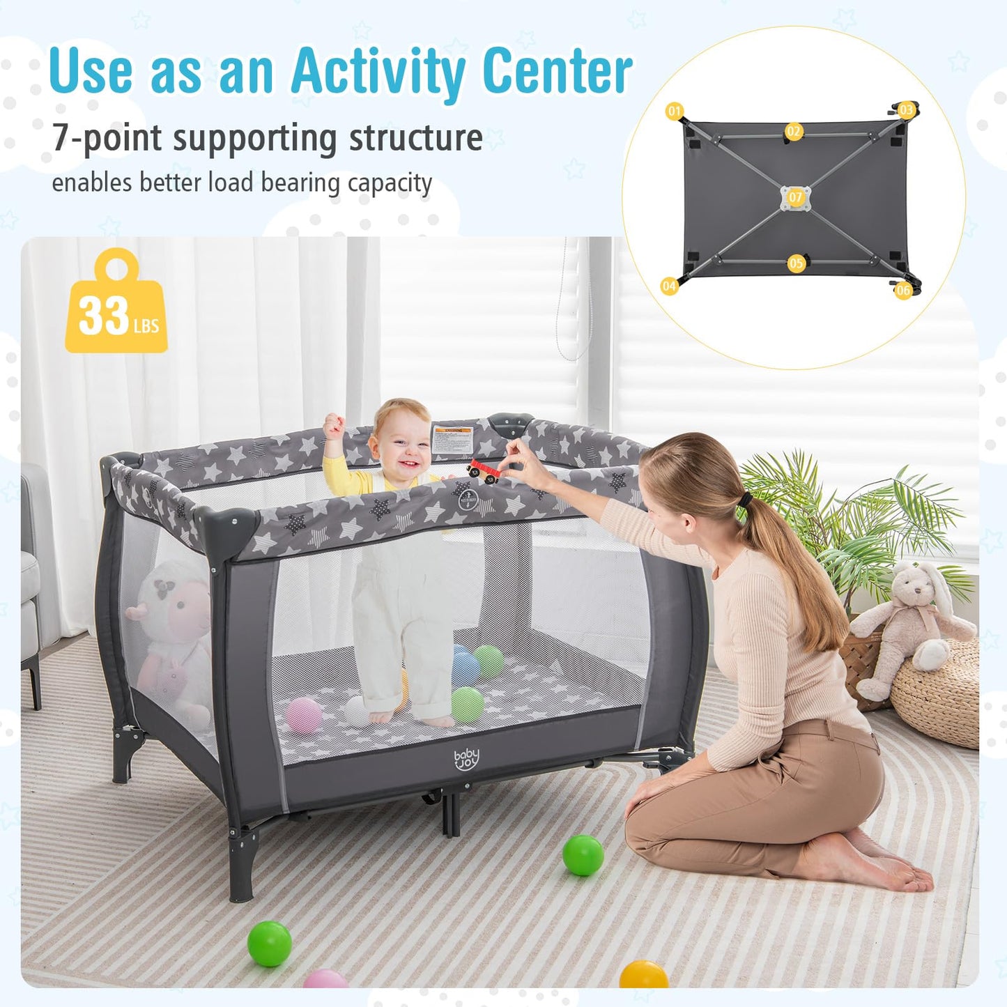 BABY JOY 4 in 1 Pack and Play with Canopy, Portable Baby Playard with Bassinet, Double-Layer Baby Crib, Wheels & Brake, Foldable Baby Girl Pink Princess Bassinet from Newborn to Toddler
