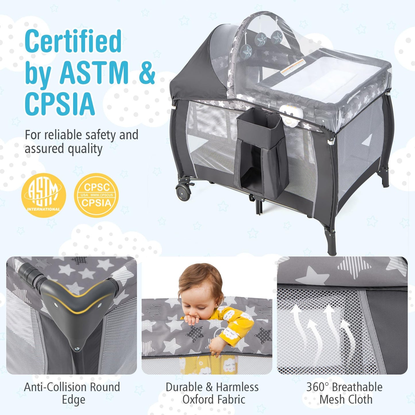 BABY JOY 4 in 1 Pack and Play with Canopy, Portable Baby Playard with Bassinet, Double-Layer Baby Crib, Wheels & Brake, Foldable Baby Girl Pink Princess Bassinet from Newborn to Toddler