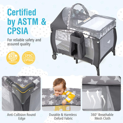 BABY JOY 4 in 1 Pack and Play with Canopy, Portable Baby Playard with Bassinet, Double-Layer Baby Crib, Wheels & Brake, Foldable Baby Girl Pink Princess Bassinet from Newborn to Toddler