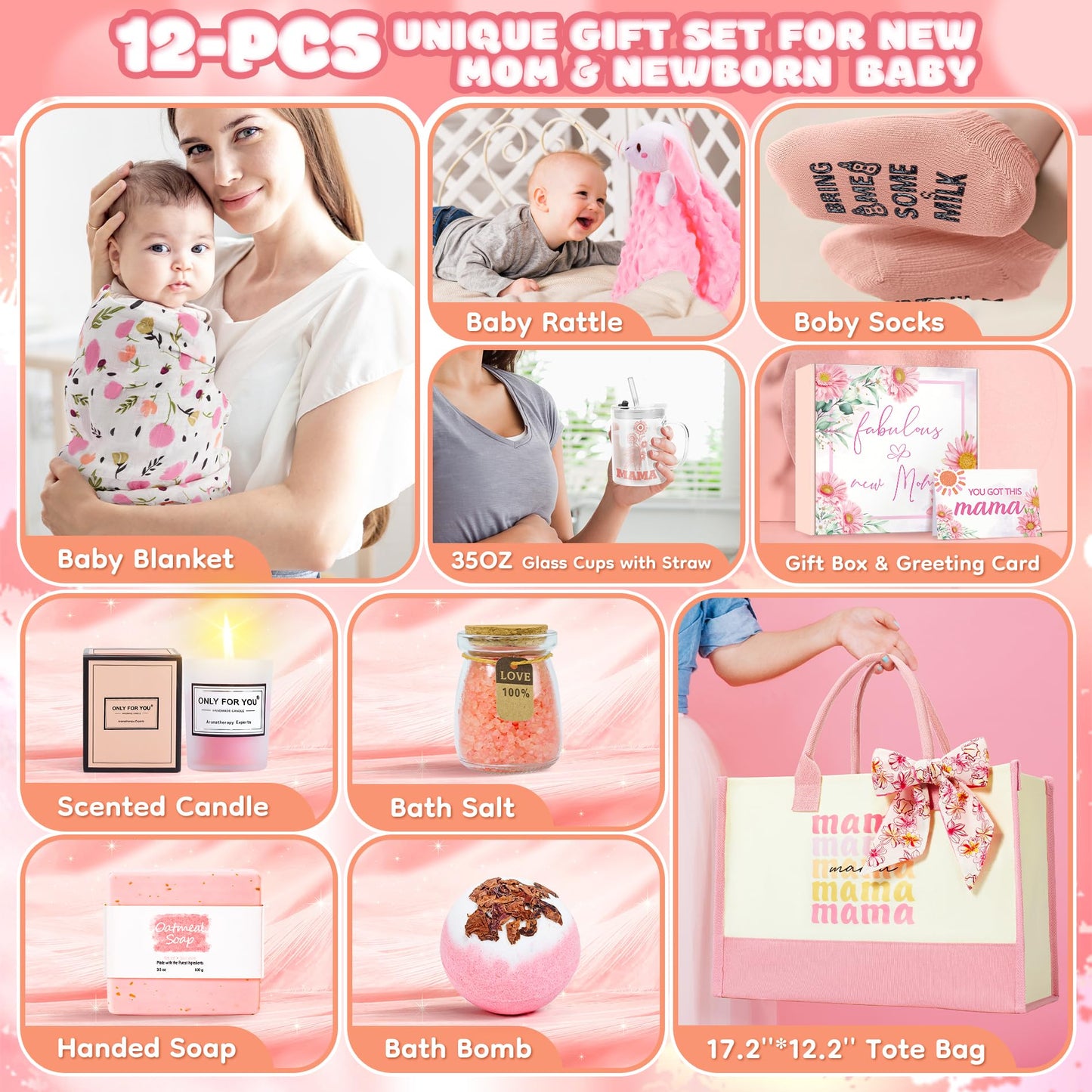 New Mom Gifts & Baby Girl Gift Set for Newborn,Baby Girl Gift Basket with Baby Milestone Blanket,Pregnancy Gifts for Expecting Mom,New Mom Care Package After Baby, Pregnancy Gifts for Women and Baby