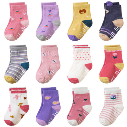 Toddler Non Slip Grips Socks Kids Anti Skid Baby Boys Girls Cotton Crew Socks 12 Pairs