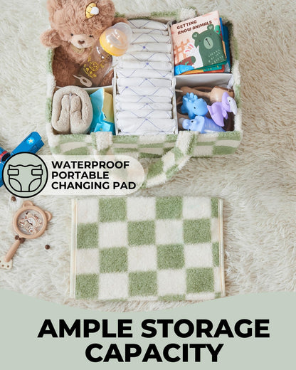 Baby Diaper Caddy Organizer with Portable Changing Mat - Teddy Fleece Diaper Organizer for Changing Table - Basket for Changing Essentials - Baby Essentials Organizer with Removable Dividers