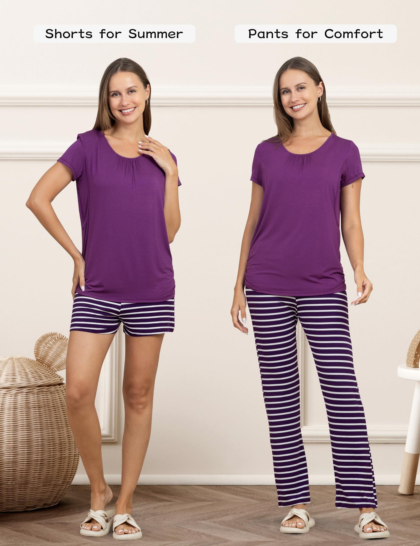 SUNNYBUY Womens Maternity Nursing Pajamas Set, Short Sleeve Breastfeeding Shirts，Pregnancy Shorts & Pants 3 Piece Nursing PJS